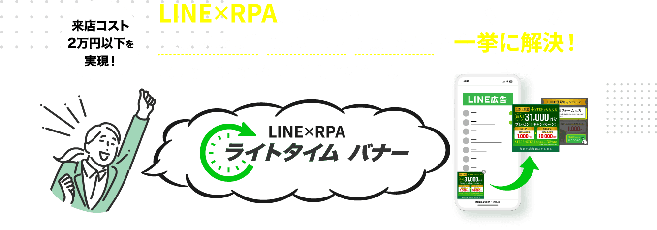 LINE×RPAにお任せで見込み客増 顧客育成 来場獲得を一挙に解決！ステップアップ型LINE顧客ツールライトタイムバナー